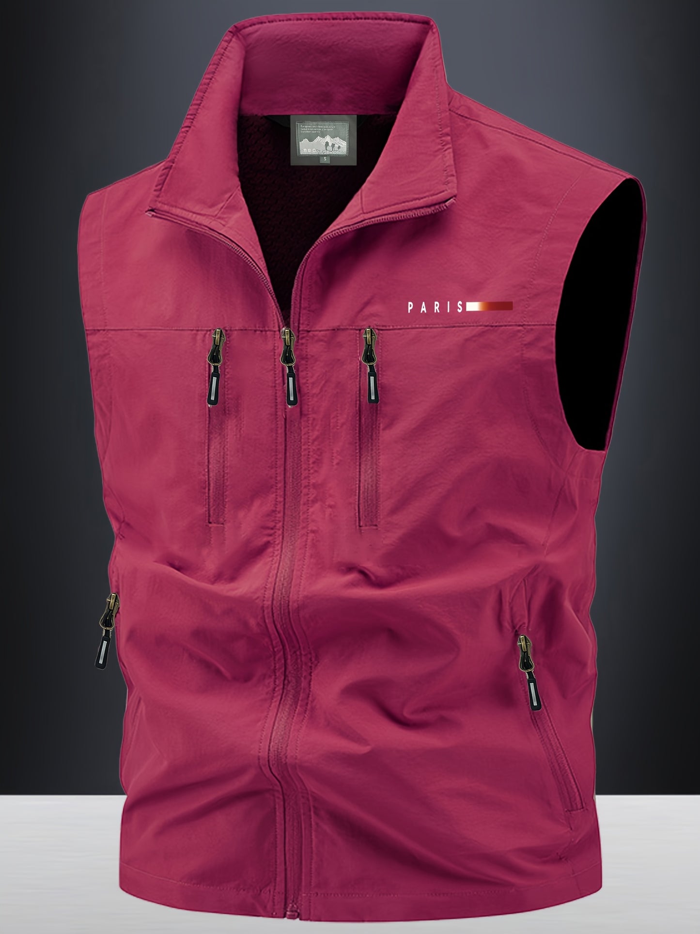 Men Casual Workwear Vest Paris Print Stand Collar Pockets