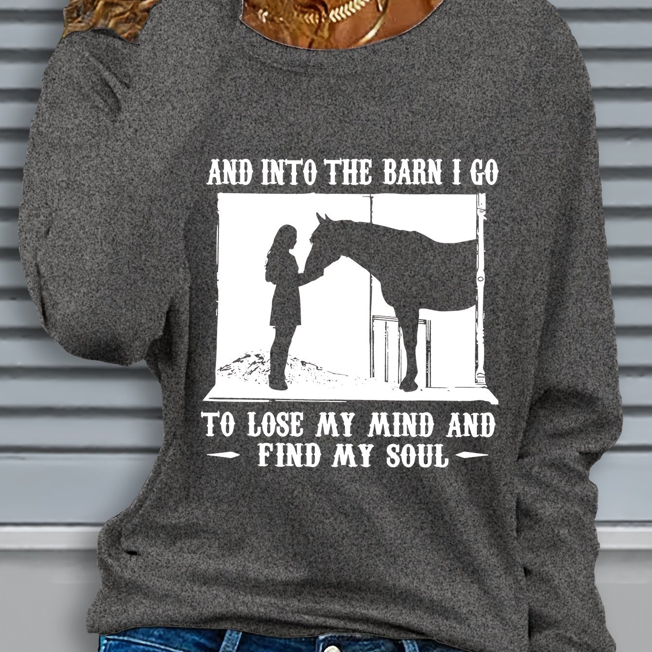 Women's Long Sleeve Crew Neck Graphic Print Horse Barn Top