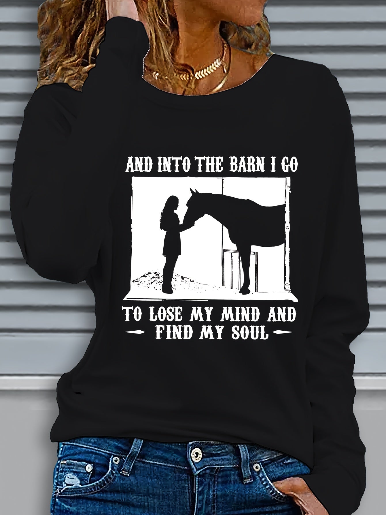 Women's Long Sleeve Crew Neck Graphic Print Horse Barn Top