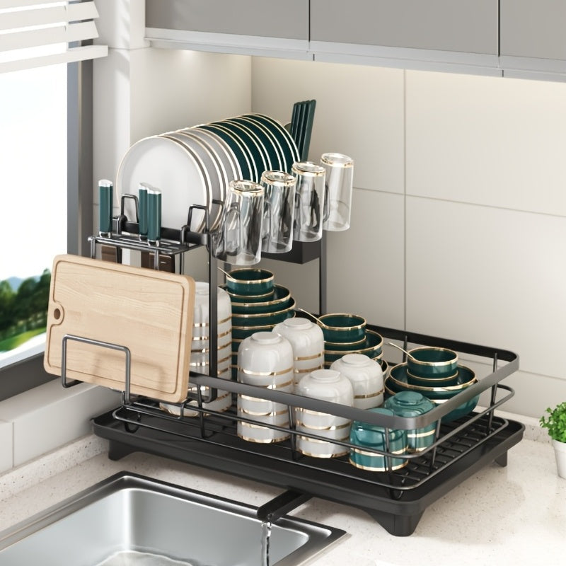 Double Tier Large Metal Cutlery Rack For Kitchen Space Saving Rustproof With Knife Fork Cup Holders And Draining Board