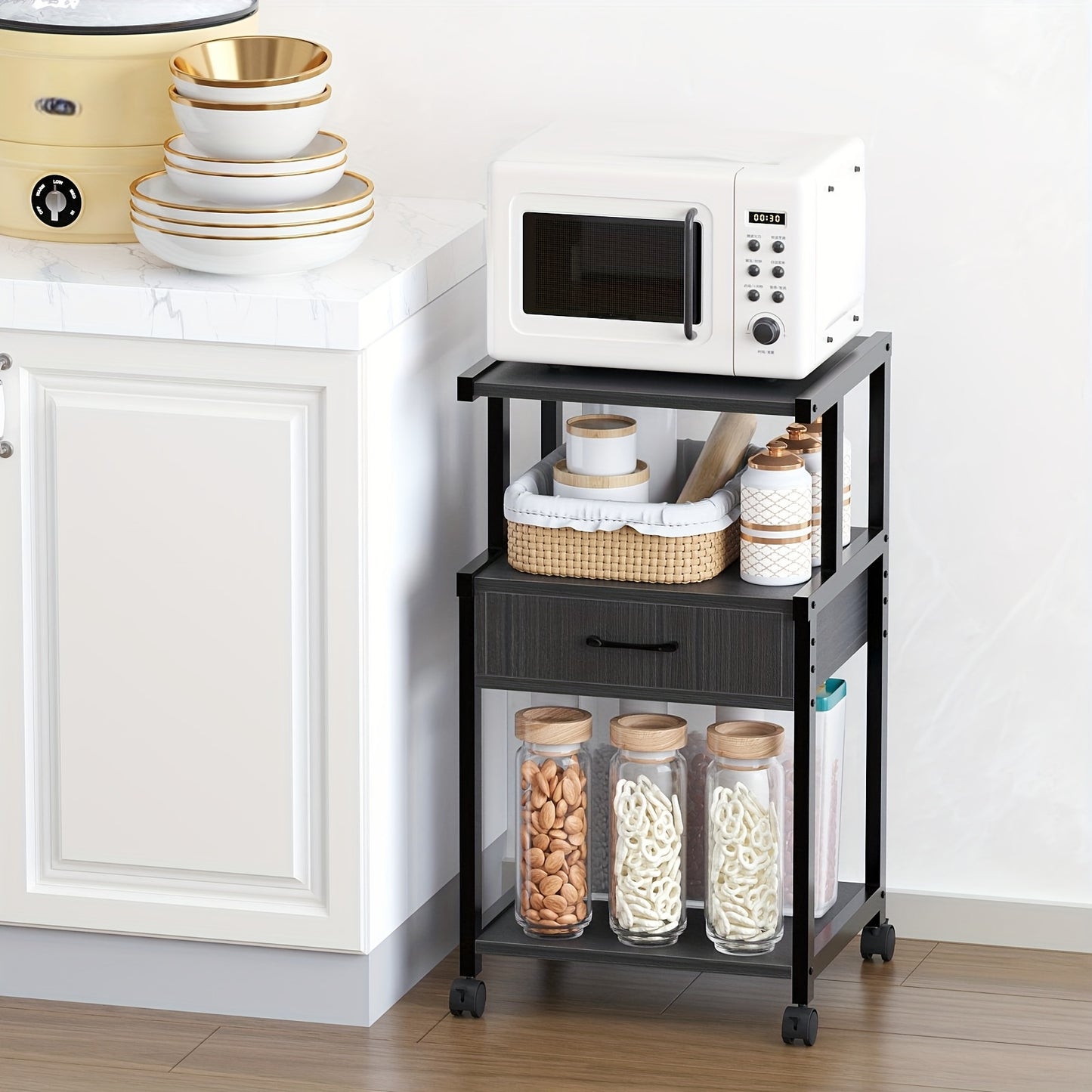 Sturdy 3 Tier Rolling Printer Stand With Storage Drawer Recycled Wood And Metal Frame Mobile Printer Cart With Wheels