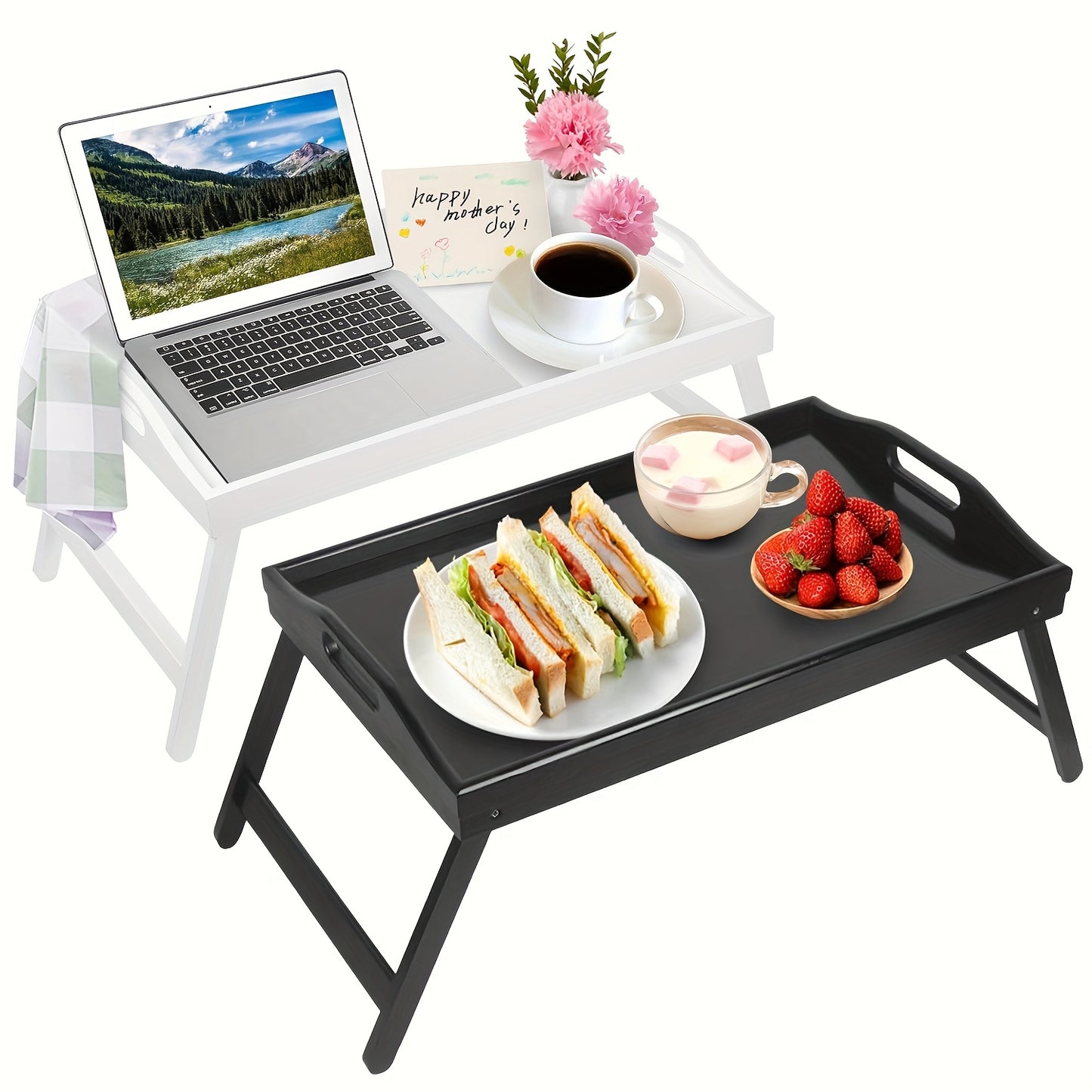 Bamboo Breakfast Tray With Folding Legs And Handles For Eating And Working Portable Bed Tray For Sofa And Bedside Table Christmas