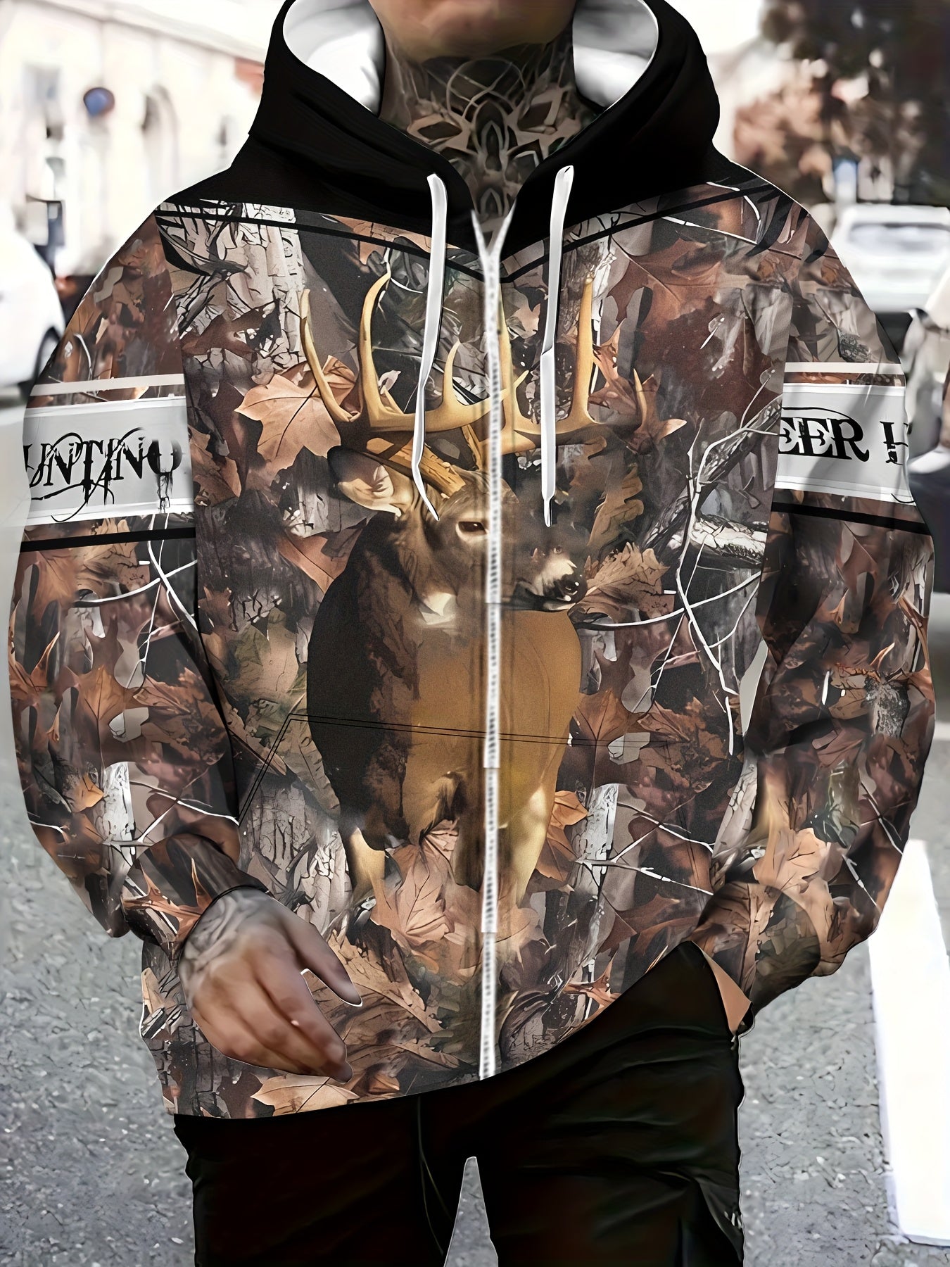 Camouflage Deer Print Mens Hooded Jacket Zipper Front