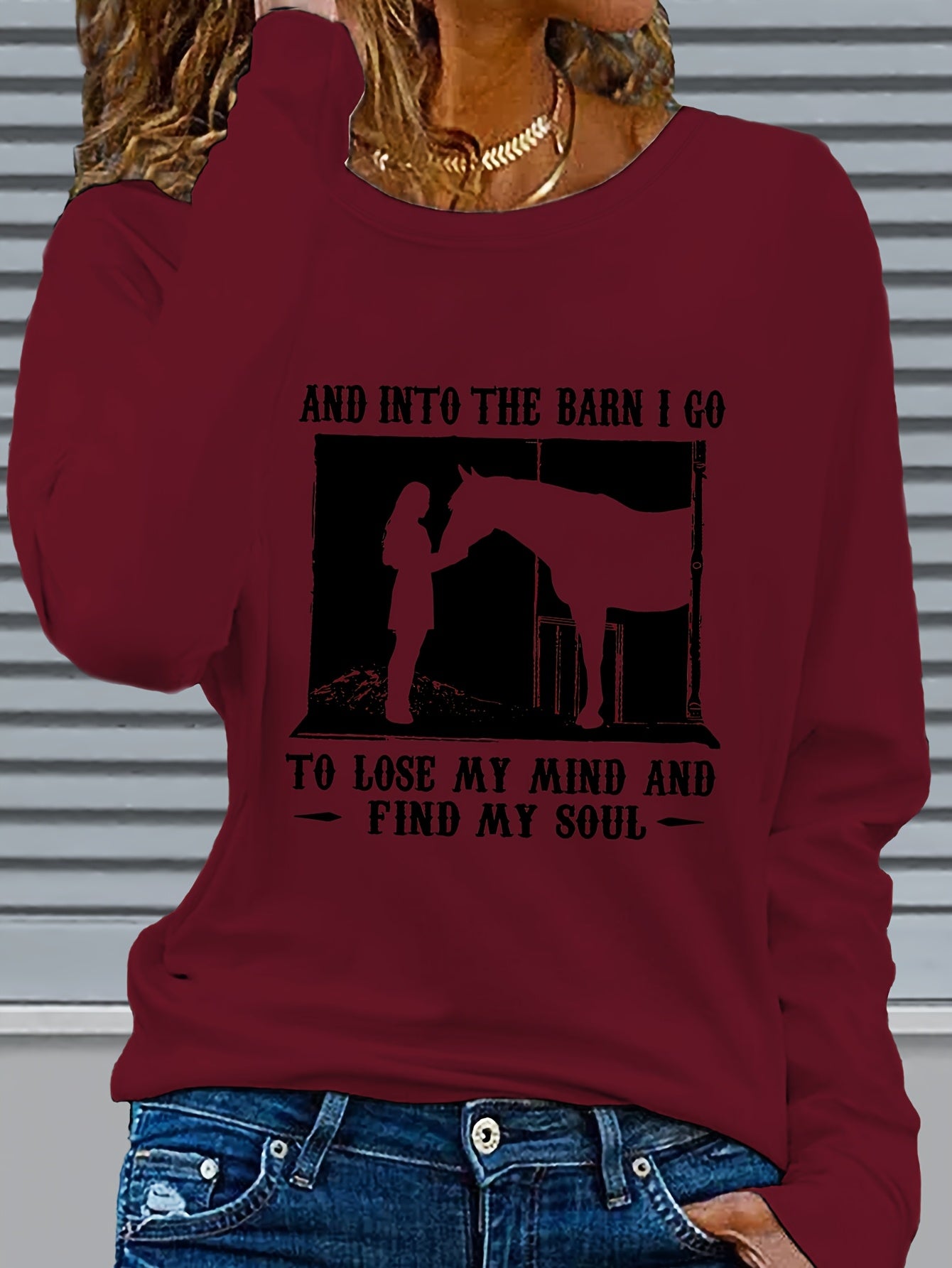 Women's Long Sleeve Crew Neck Graphic Print Horse Barn Top