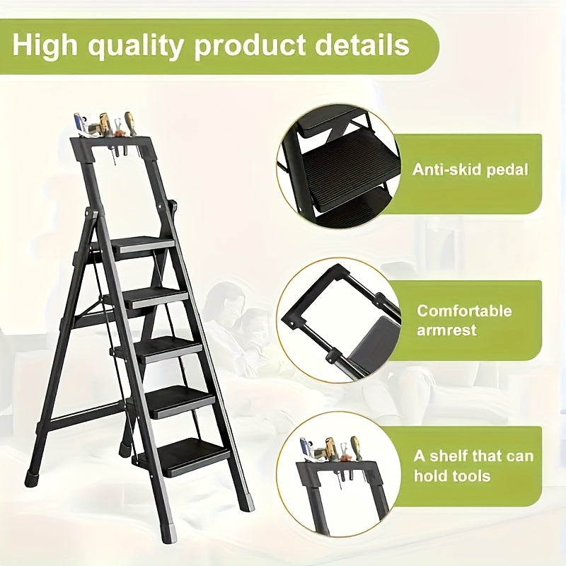 Five Step Folding Metal Ladder With Handrails Portable Safety Footstool For Home And Office Use Black Anti Slip Pads