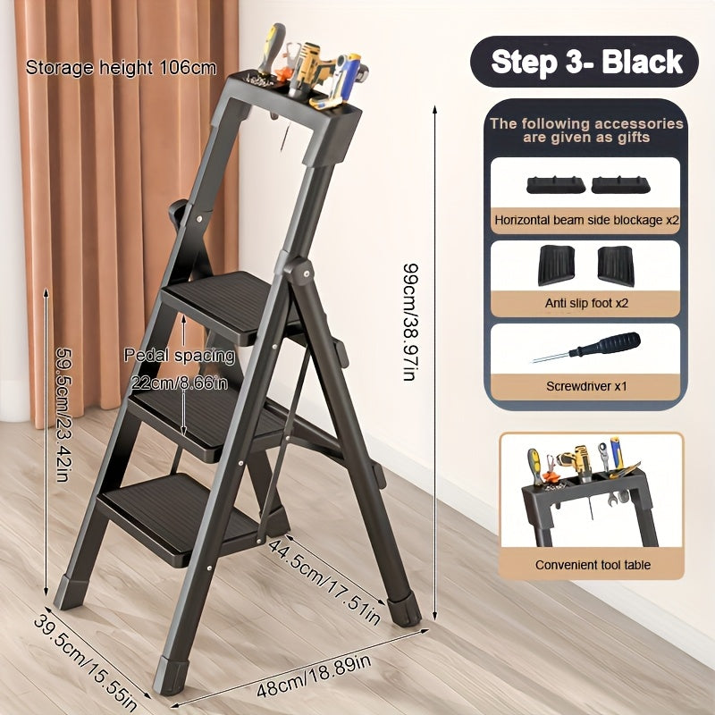 Foldable Multifunctional Ladder Thickened Design 3 Or 4 Level Metal And Plastic Home Step Staircase Board Carrying Tool