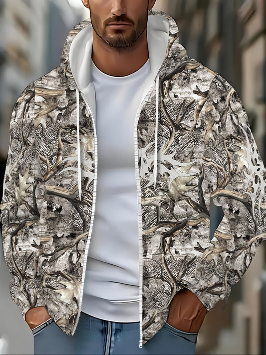 Stylish Men's Deer Antler Print Hooded Zip Up Winter Jacket