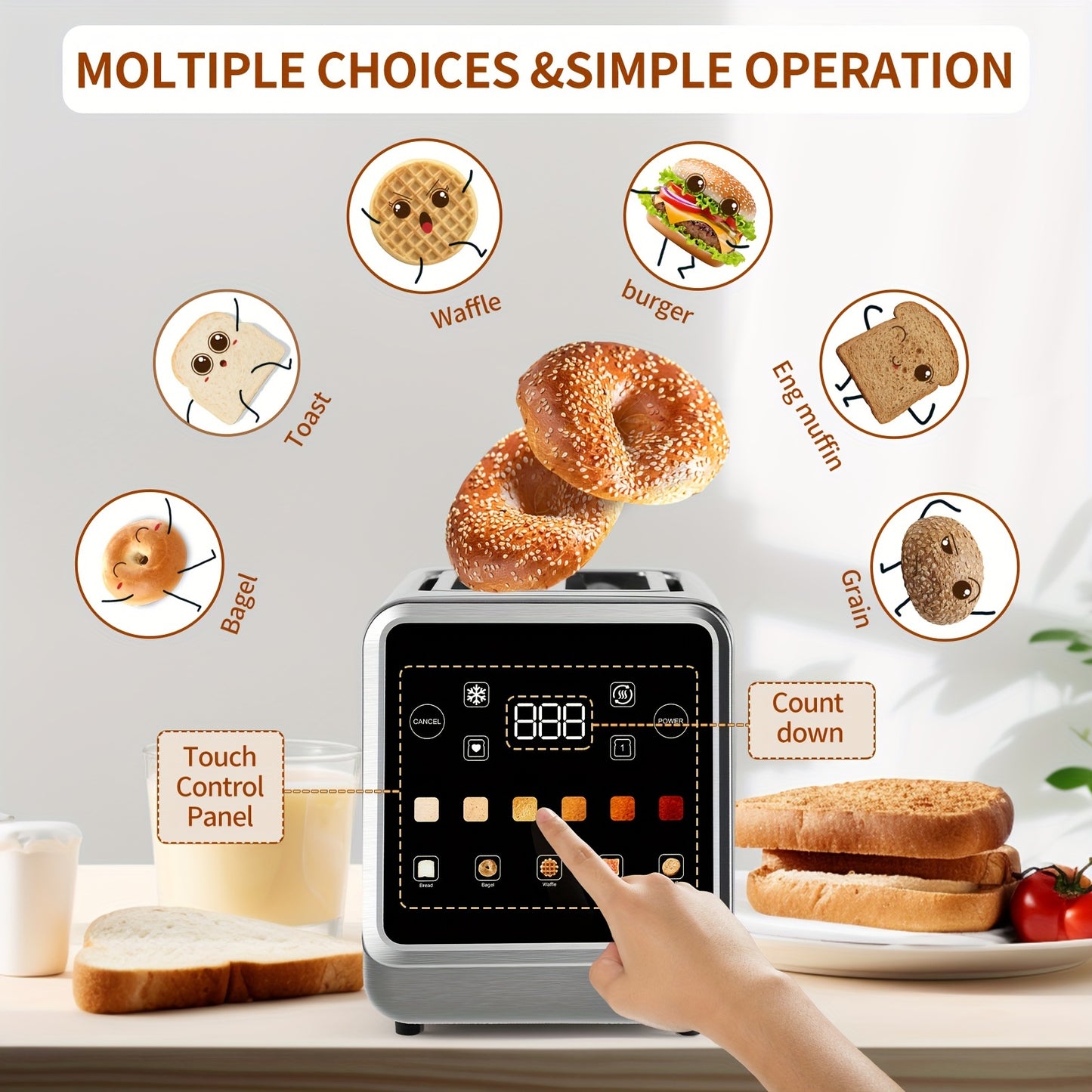 2 Slice Stainless Steel Smart Toaster With LCD Display Extra Wide Slots 6 Bread Types Defrost Memory Toasting Timer