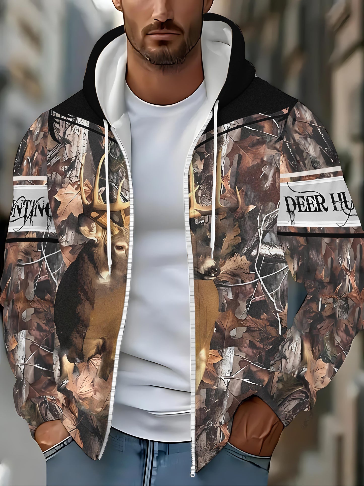 Camouflage Deer Print Mens Hooded Jacket Zipper Front