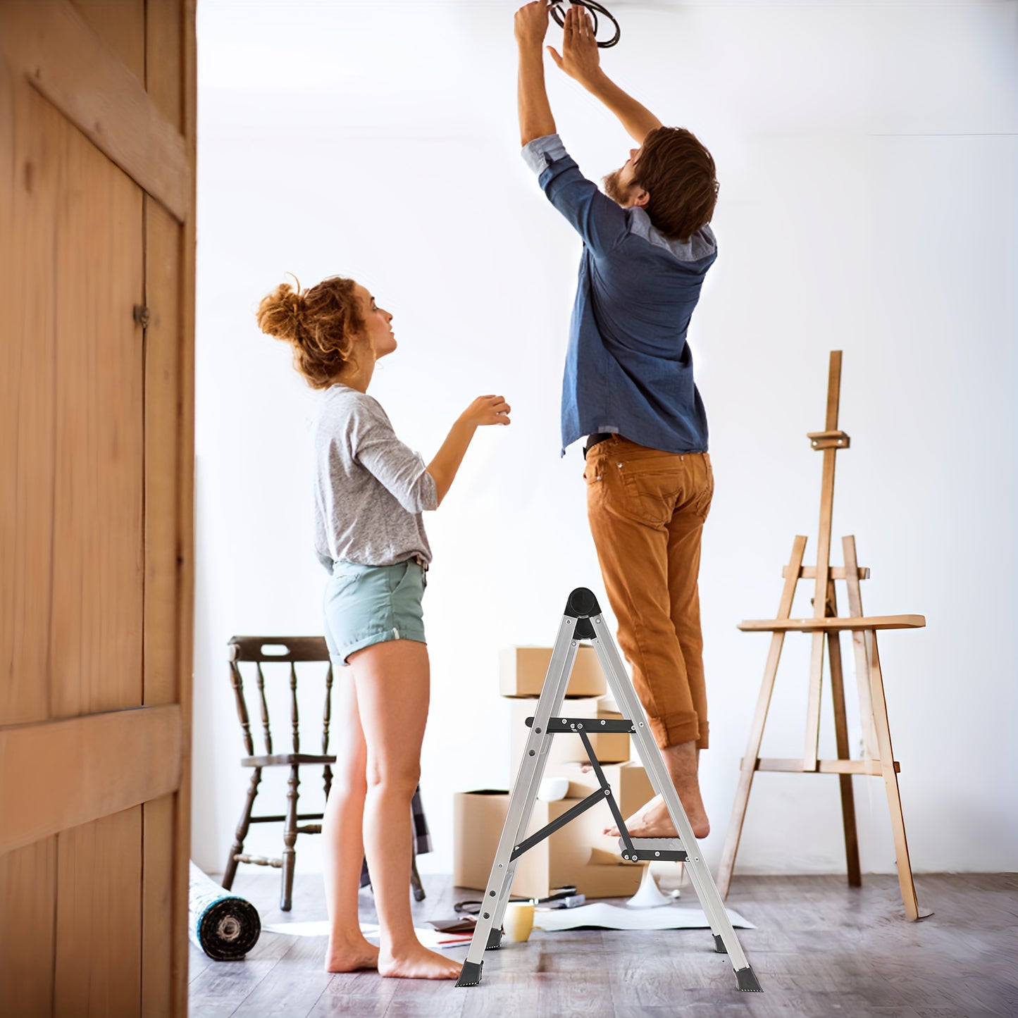 MoNiBloom Portable 2 Step Ladder Folding Stool Wide Platform Non Slip Feet 330 Lbs Capacity For Home Kitchen Silvery