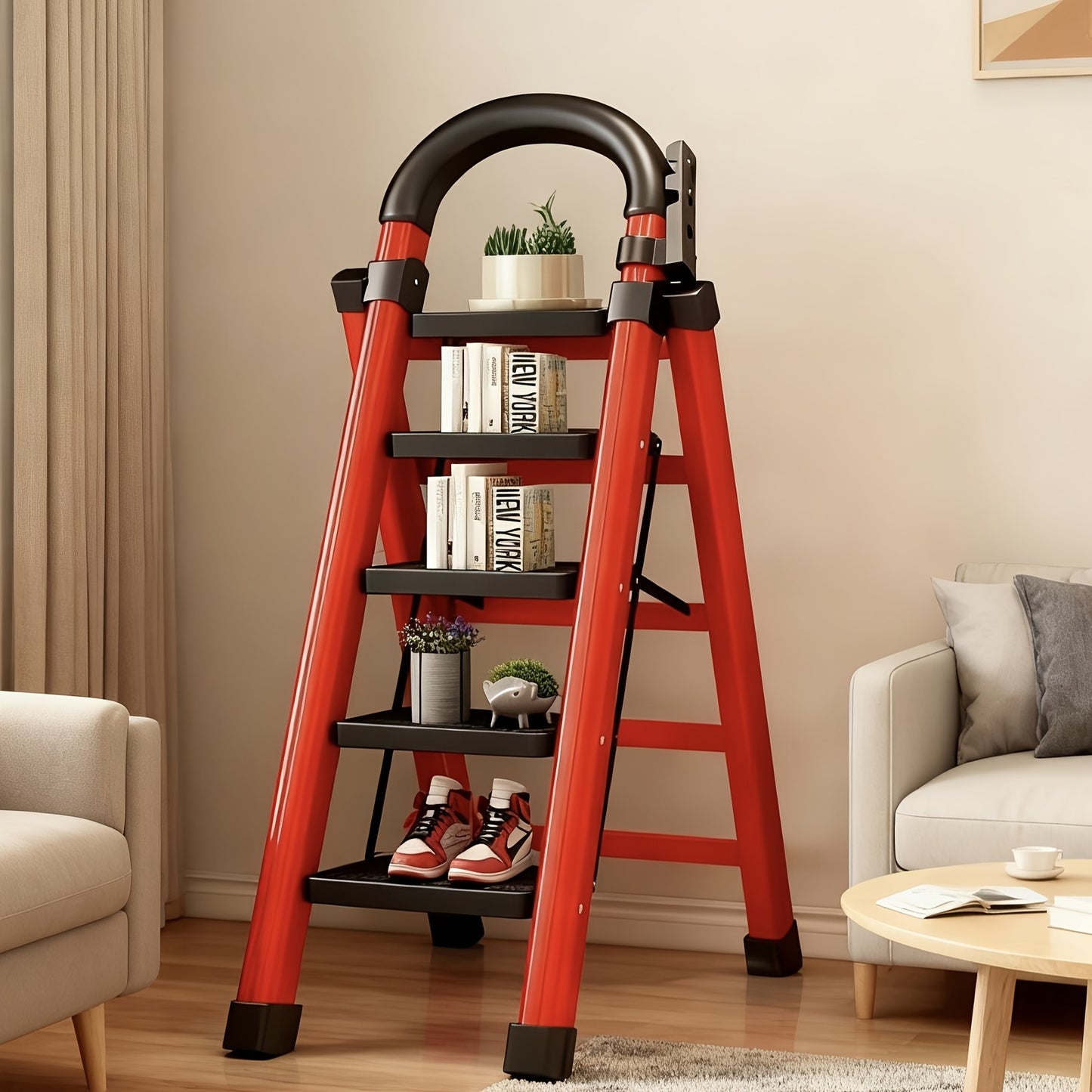 3/4/5 Step Portable Folding Ladder 500/520/530 Lbs Anti Slip Pedal Lightweight Steel Step Stool For Home And Industry