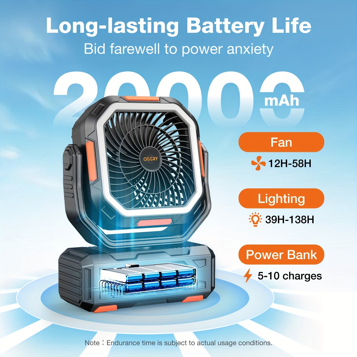 20000mAh Rechargeable Oscillating Fan with Remote Lantern