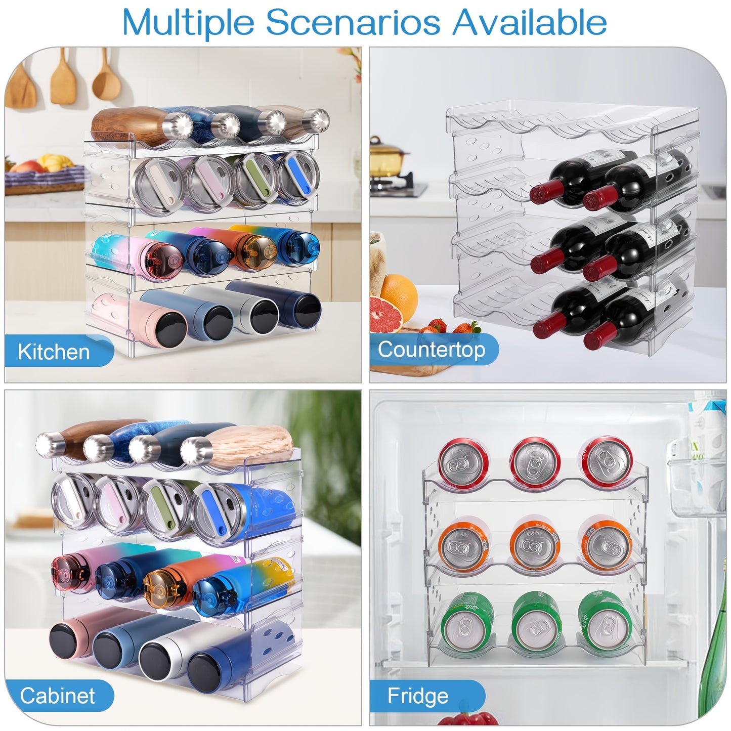 4 Tier Stackable Water Bottle Organizer Clear Plastic Kitchen Cabinet Storage Holds 16 Bottles For Home Office Pantry