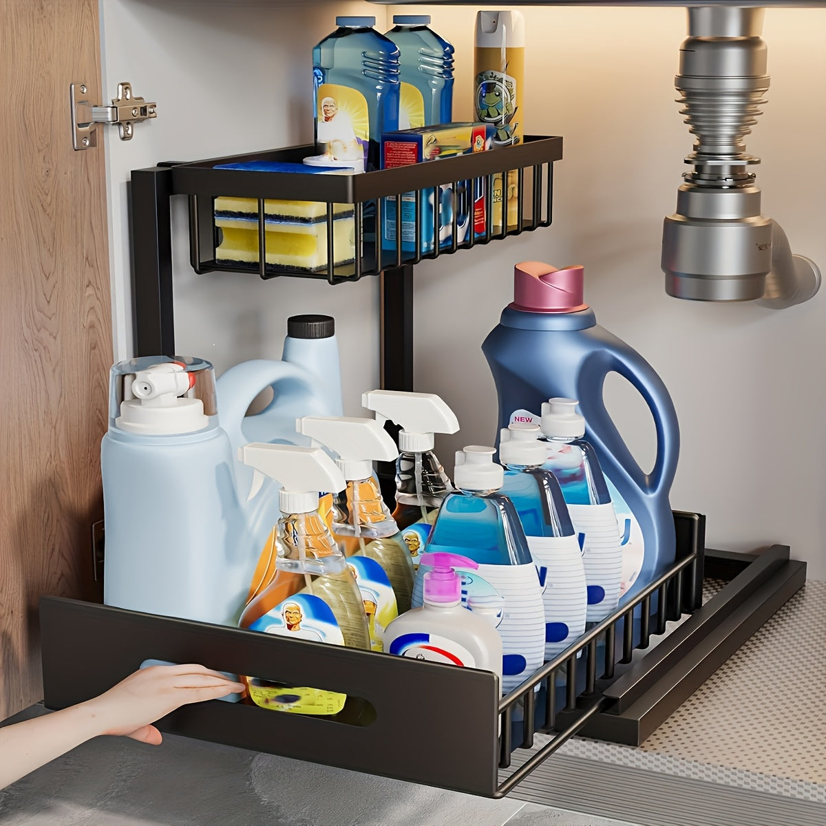 Two Level Under Sink Organizers With Sliding Pull Out Shelf Made Of Metal For Kitchen Bathroom Pantry And Closet