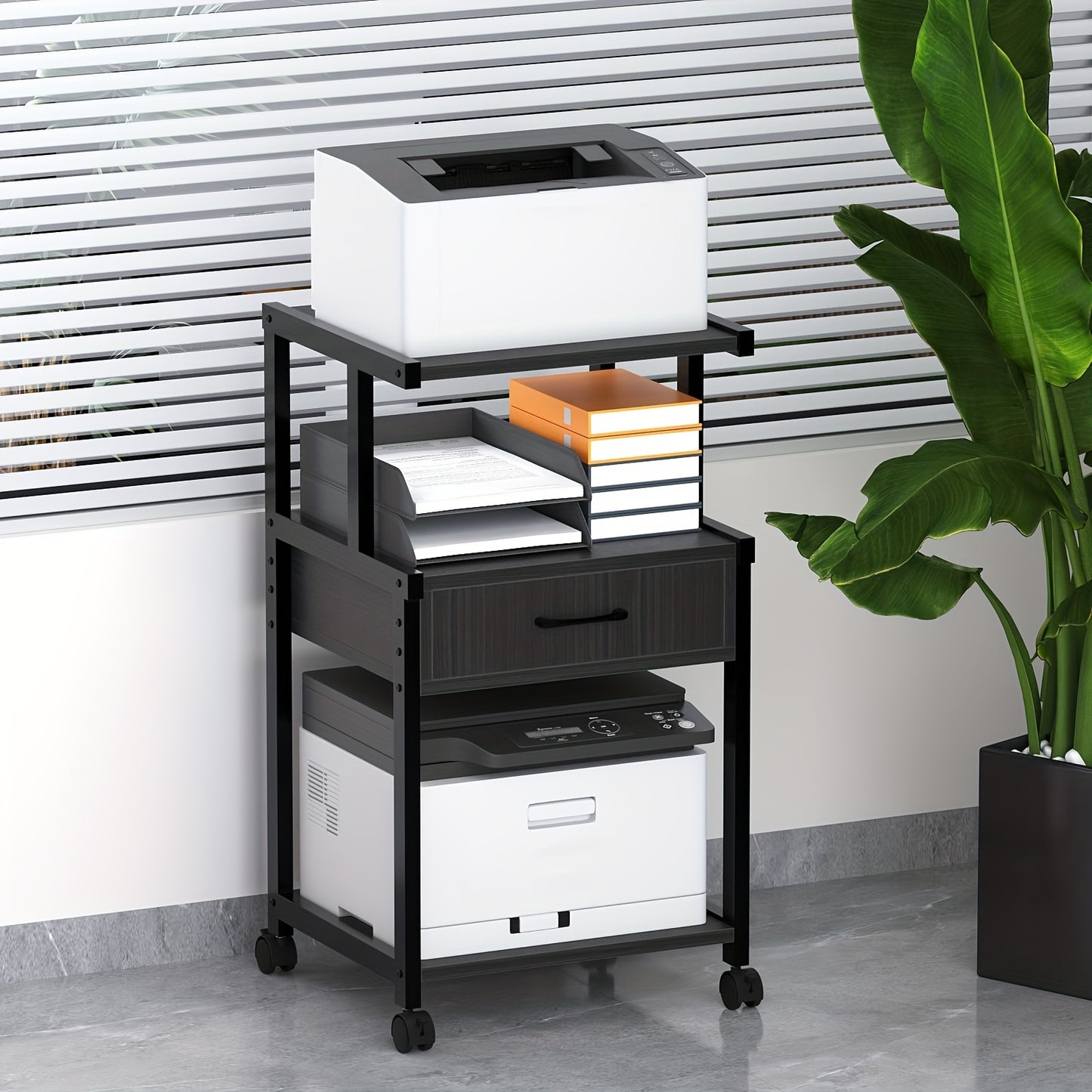 Sturdy 3 Tier Rolling Printer Stand With Storage Drawer Recycled Wood And Metal Frame Mobile Printer Cart With Wheels
