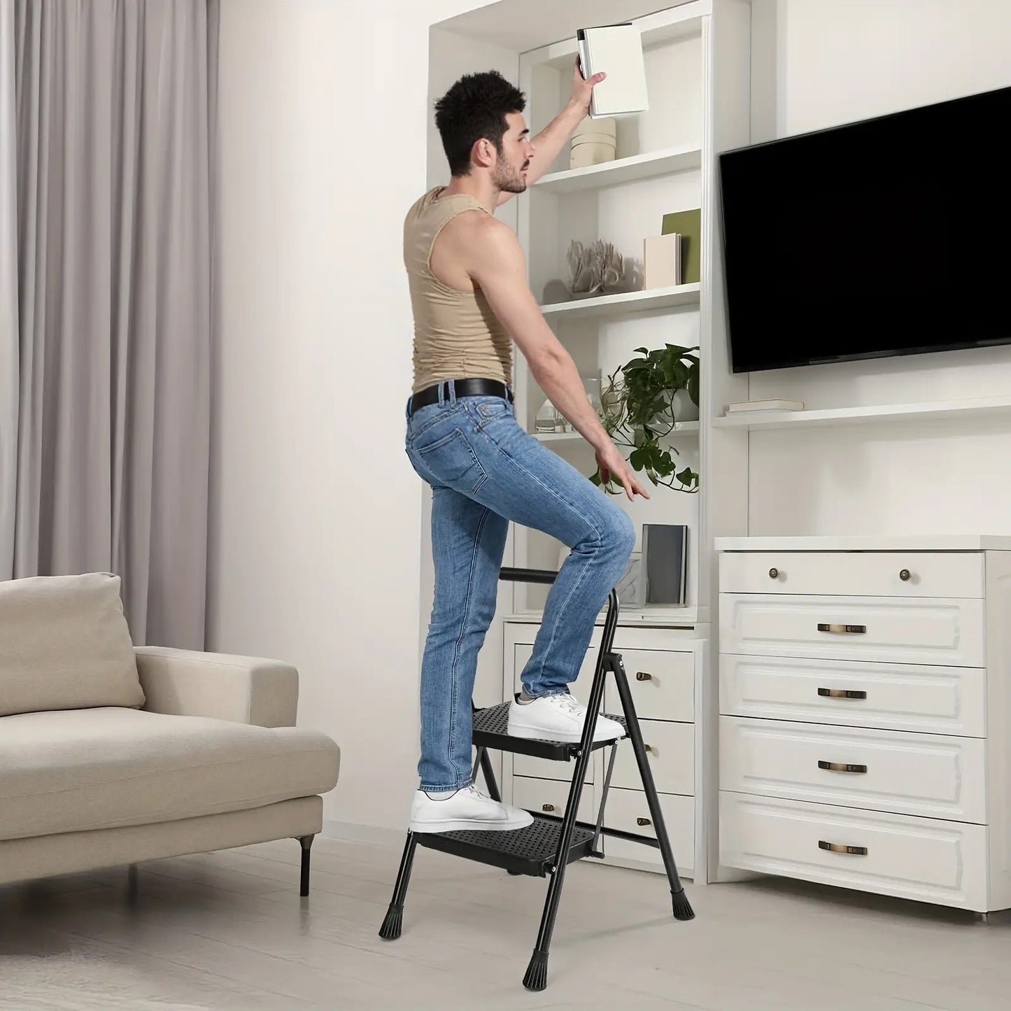 Heavy Duty 800lb Folding Step Ladder With Storage Shelf And Wide Non Slip Treads 2 To 4 Step Steel Ladder Black