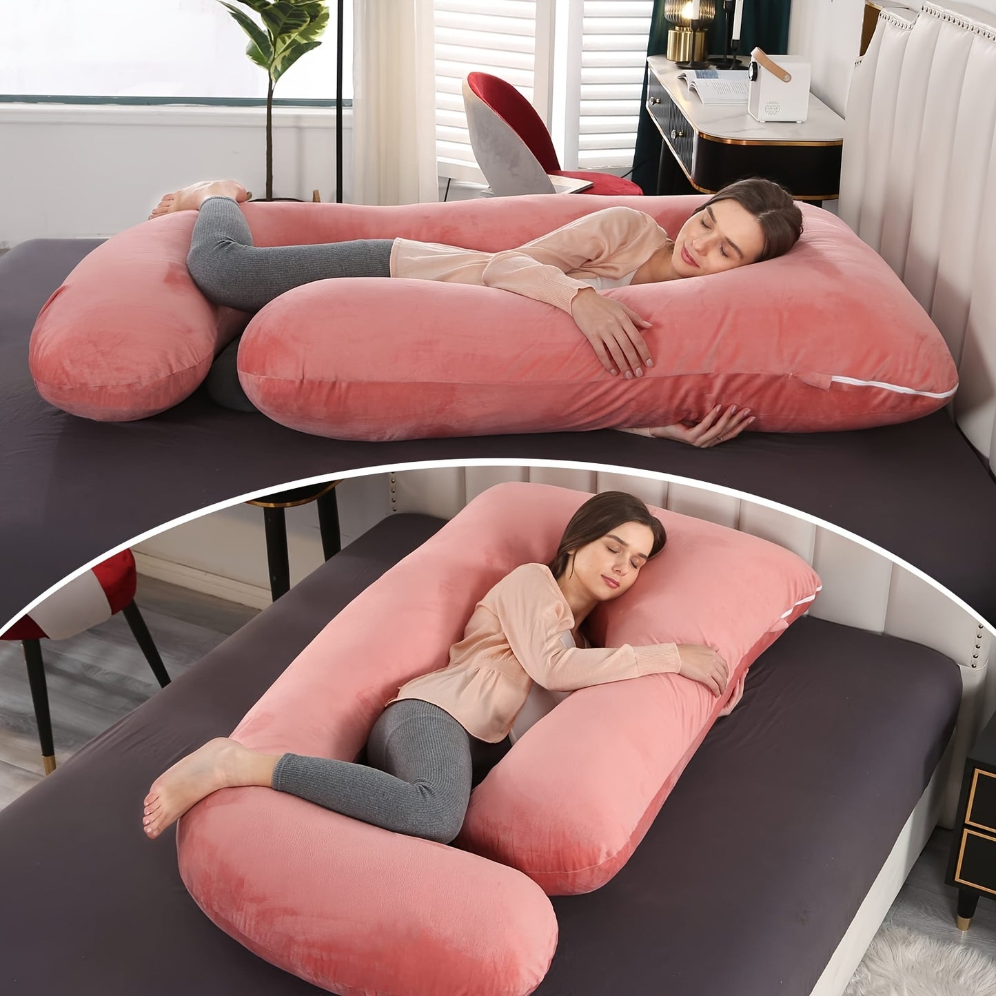 69 Or 60 Inch J Shape Maternity Pillow With Back And Leg Support Removable Velvet Cover Machine Washable Filling For Side And Back Sleepers