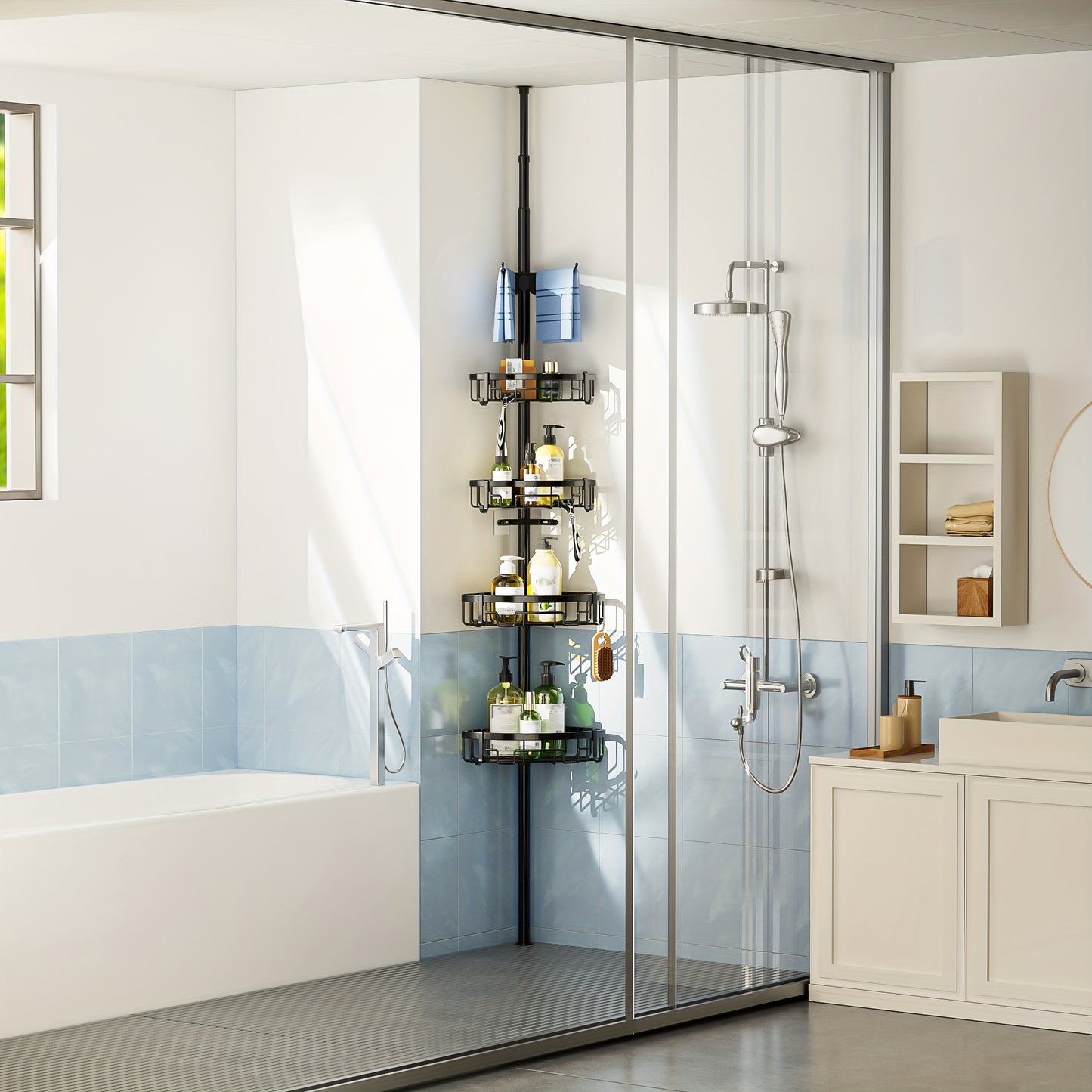 4 Tier Corner Shower Caddy With Rust Resistant Stainless Steel Pole And Tension Control Black Bathroom Organizer Shelves