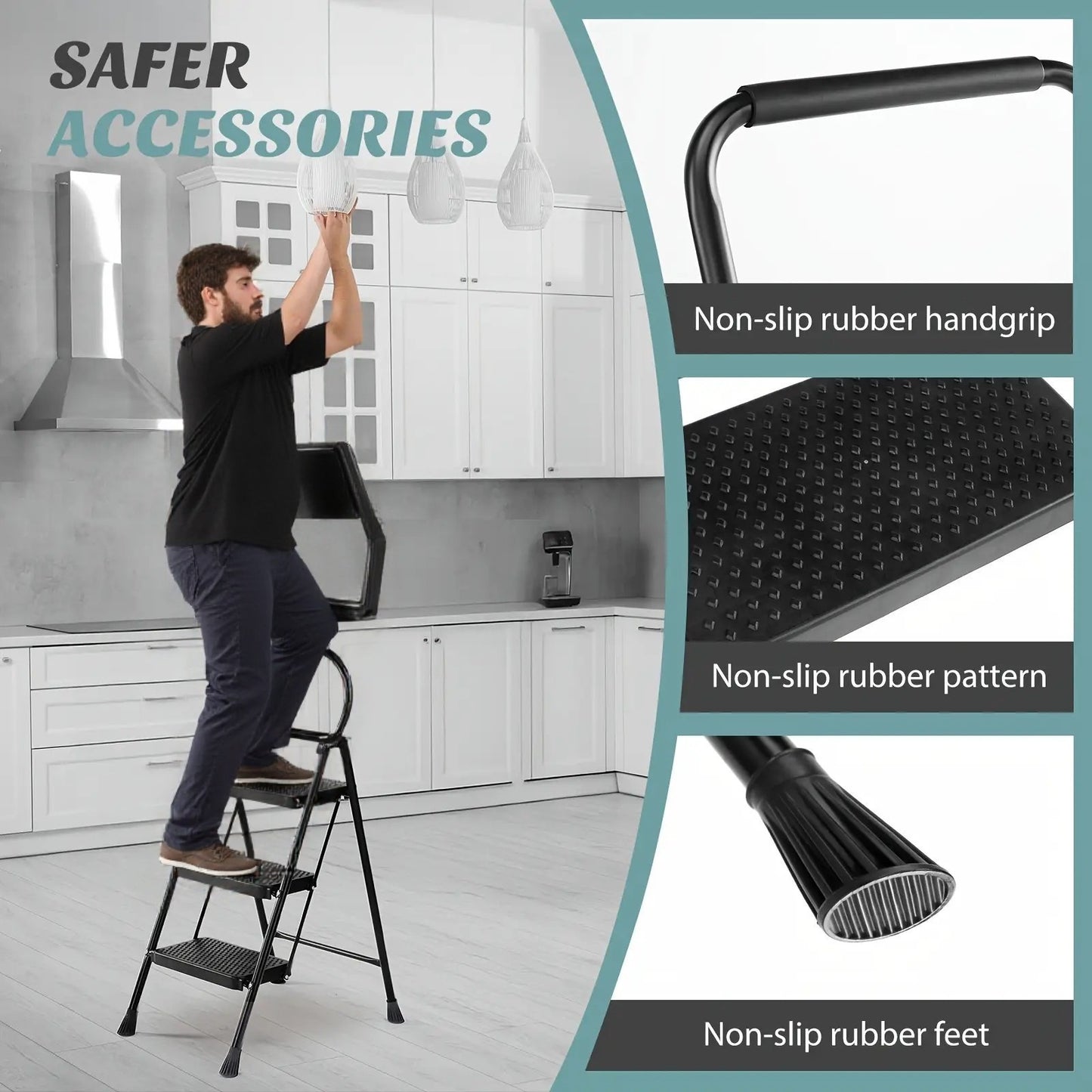 Heavy Duty 800lb Folding Step Ladder With Storage Shelf And Wide Non Slip Treads 2 To 4 Step Steel Ladder Black
