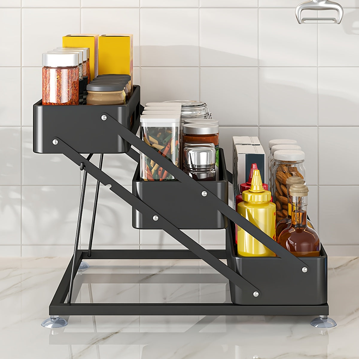 3-Tier Foldable Cast Iron Spice Rack With Safety Rails For Kitchen Storage Holiday Theme Durable Painted Finish