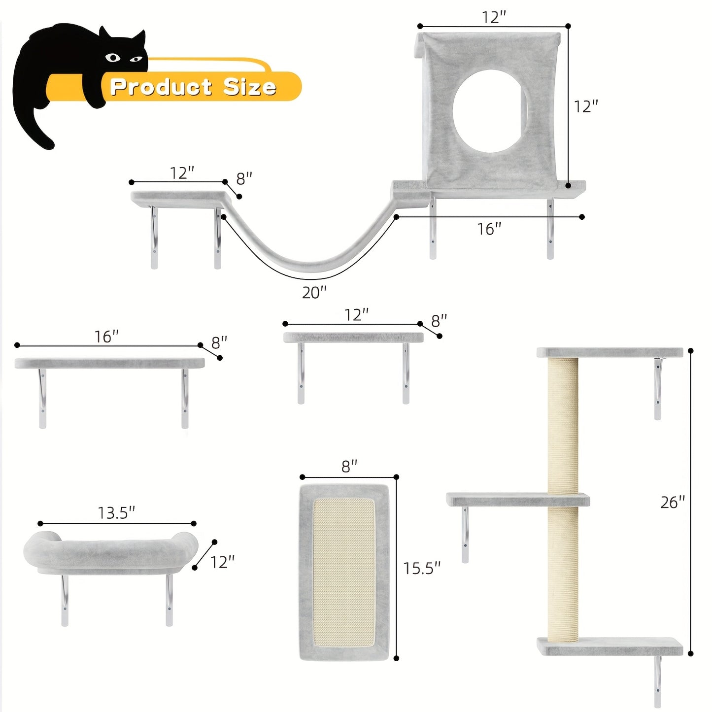 6 Pcs Deluxe Wall Mounted Cat Climbing Shelf Multi Level
