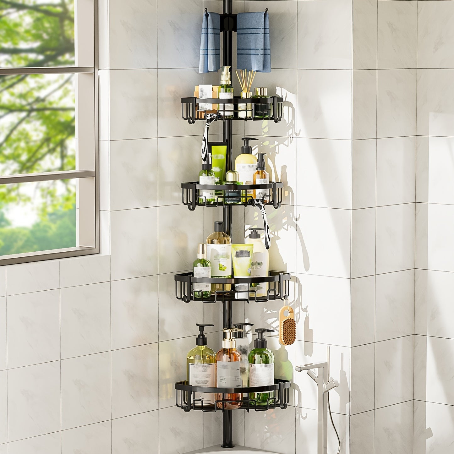 4 Tier Corner Shower Caddy With Rust Resistant Stainless Steel Pole And Tension Control Black Bathroom Organizer Shelves