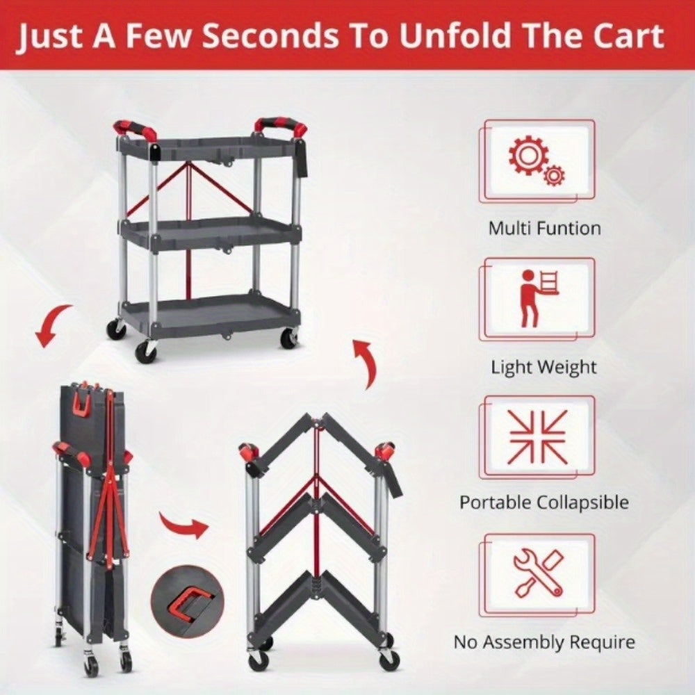 Heavy Duty 3 Tier Folding Wheeled Cart With 56 Lbs Load Per Shelf Sturdy Metal Service Cart 4 Wheel Mobility