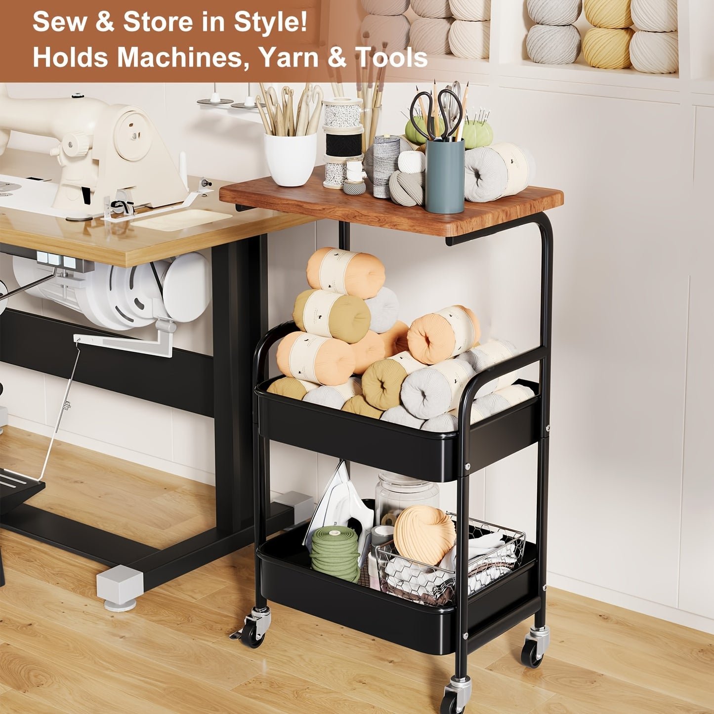 Rolling Cart With Wooden Table Top 3 Tier Metal Utility Cart Locking Wheels Printer Stand Kitchen Office Bedroom