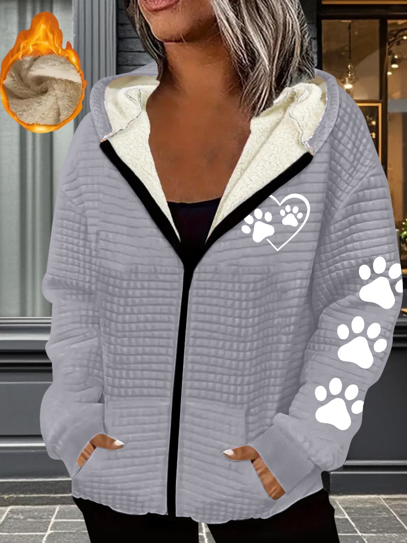 Womens Thermal Full Zip Hooded Jacket Paw Print Pattern