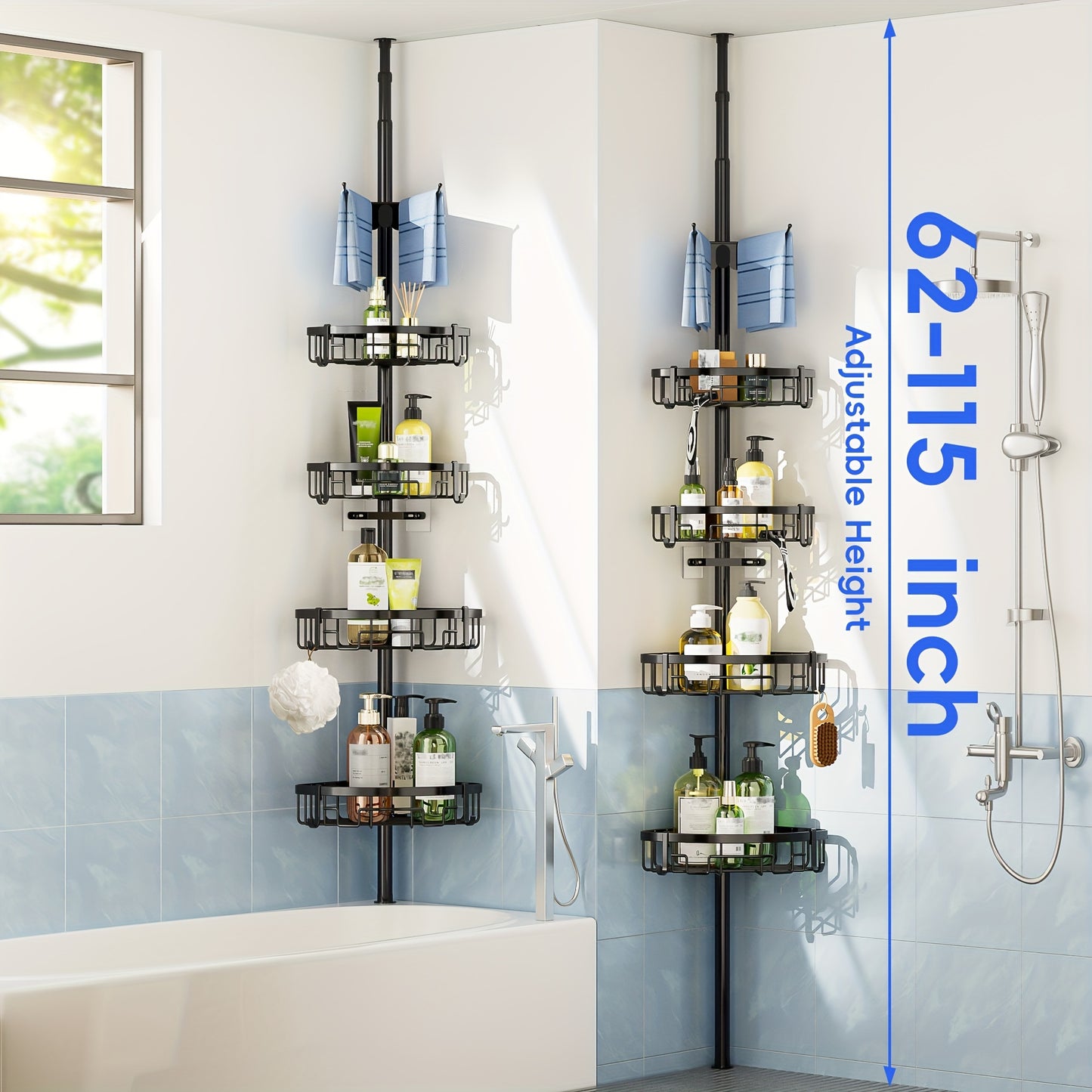 4 Tier Corner Shower Caddy With Rust Resistant Stainless Steel Pole And Tension Control Black Bathroom Organizer Shelves