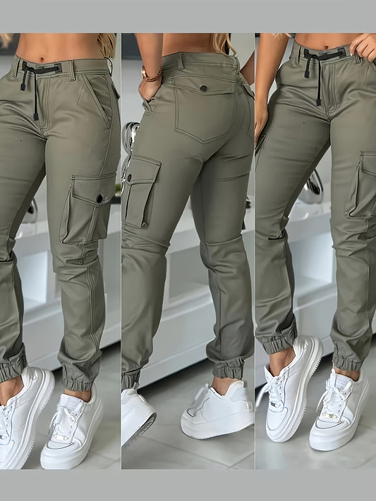 Olive Green Cargo Pants With Many Pockets And Drawstring