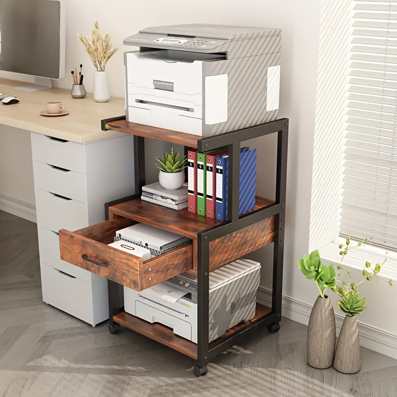 Sturdy 3 Tier Rolling Printer Stand With Storage Drawer Recycled Wood And Metal Frame Mobile Printer Cart With Wheels